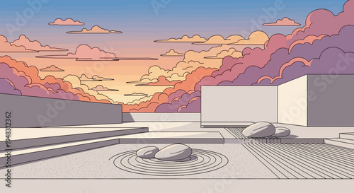 Stylized tranquil sky with pink clouds over a minimalist zen garden