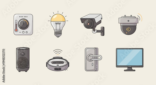 Collection of smart home devices including a thermostat, lightbulb, cameras, speaker, robot vacuum, lock, and monitor