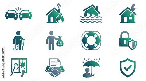 Insurance and Risk Protection Icon Set: Safety, Security, Claims, Damages