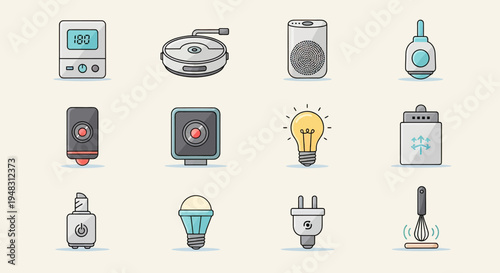 Collection of modern gadgets and devices including a scale, robot vacuum, speaker, and cameras