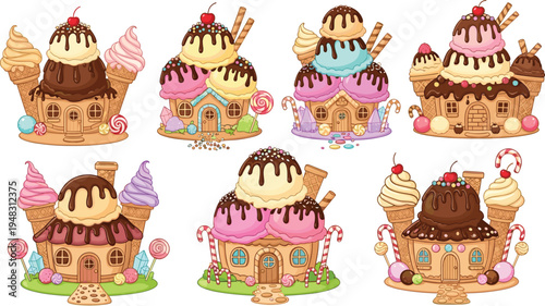 Cute Ice Cream Fantasy Houses Cartoon Vector Illustration Set with Sweet Dessert Cottage, Chocolate Drip, Candy Decorations and Fairy Tale Homes