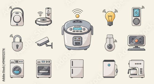 Collection of smart home appliances depicted with cartoon-style illustrations
