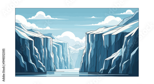Stark, blue-toned canyon carved through icy cliffs under a cloudy sky