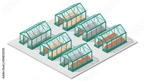 Isometric illustration of modern greenhouses with various colorful flowers