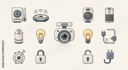 Collection of flat icons depicting smart home devices and security items