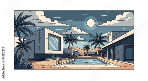 Modern desert oasis with pool and palm trees under a hazy sun