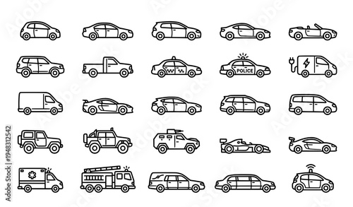 Black and White Car Icons Vector Collection for Automotive and Transport