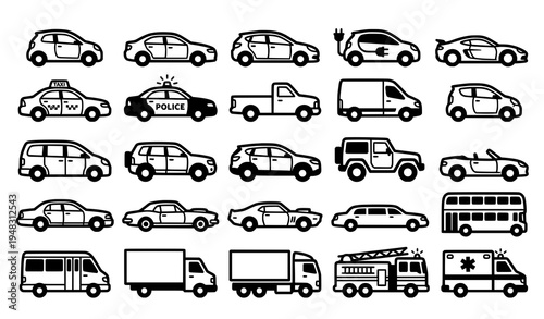 Minimal Black and White Car Icon Set Vector for Transport and Automotive