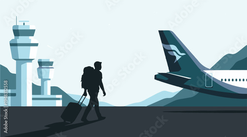 Silhouette of a traveler at an airport with airplane and control tower