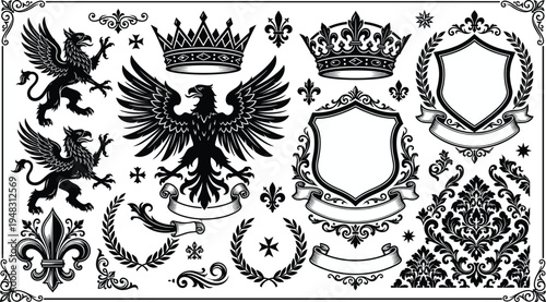 Heraldic crest elements vector set with crowns shields eagles laurel wreaths and vintage royal coat of arms design