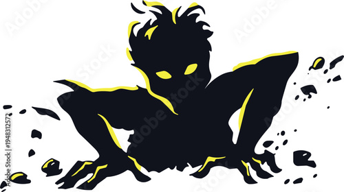 Creepy dark shadow monster creature silhouette crawling out of ground with glowing yellow eyes, spooky horror phantom illustration for Halloween and thriller concepts.