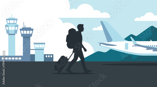 Flat design illustration of a traveler with luggage at airport tarmac.