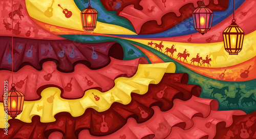 Vibrant abstract illustration of spanish culture featuring ruffled dresses and glowing lanterns