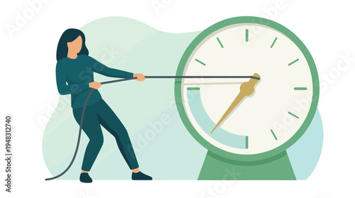 Woman pulling clock hand, conceptualizing time management and effort