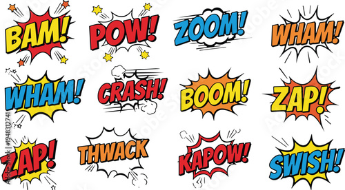 Colorful comic book sound effects set with speech bubbles, onomatopoeia explosion stickers for superhero theme, pop art vector icons isolated on white background.
