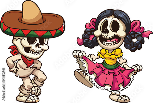 Cute cartoon Mexican skeleton couple dancing, Day of the Dead characters with sombrero and traditional dress for Dia de los Muertos, isolated vector.
