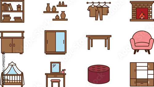 Home furniture icons set vector interior house items collection cabinet table chair wardrobe fireplace and bedroom decor illustration
