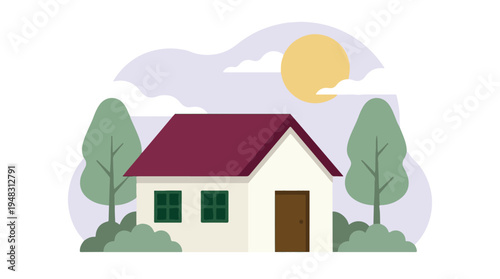 Flat design illustration of a suburban house with trees, sun, and clouds