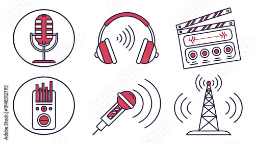radio broadcasting icons with microphone and headphones Vector