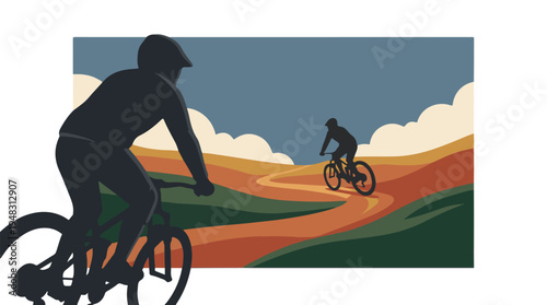 Two mountain bikers on a winding trail in a scenic minimalist landscape