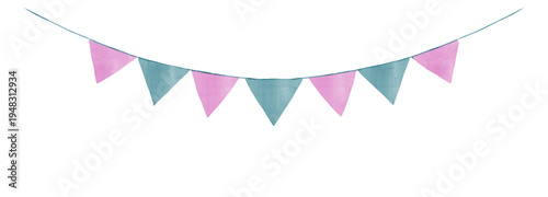 Watercolor party bunting banner with pink and blue triangle flags isolated png