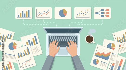 Overhead view of person analyzing business data on laptop with reports