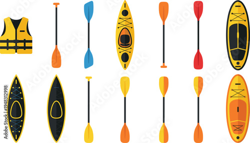 Kayak canoe paddling equipment vector set with paddles boats and life jacket water sports adventure illustration collection