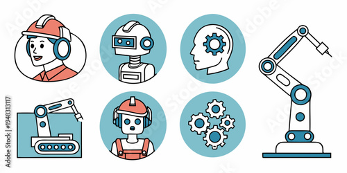 industrial icons including robotic arm and workers Vector