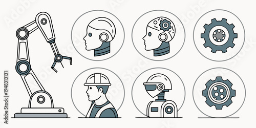 industrial robot and workers with gear icons Vector