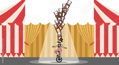 American performer rides unicycle under colorful circus tent on a sunny day