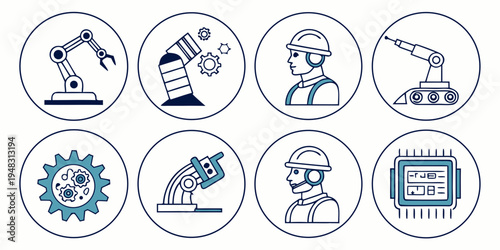 a collection of blue icons representing various industrial and scientific concepts Vector