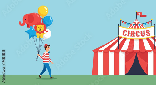 American circus performer walks towards big top on a sunny day
