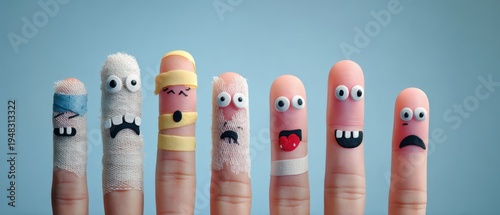 The Fingers Dressed as Bandaged Characters Showing Playful Emotions with Googly Eyes