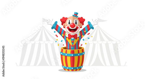 A happy American clown performs at a vibrant circus on a sunny day.
