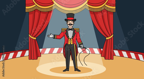 American circus performer stands on stage on a sunny day