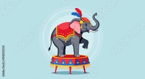 An American circus elephant performs on a colorful platform on a sunny day.