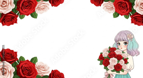 White wallpaper with rose borders, red and pink roses framing the edges, on the right a charming cartoon girl holding a large bouquet of roses.
