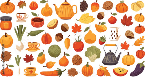 Autumn harvest fruits and objects illustration
