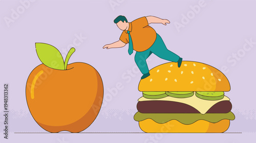 Overweight man on burger reaching for an apple, healthy lifestyle choice