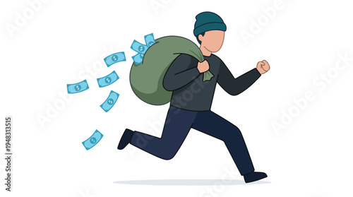 Cartoon thief running with a money bag, dollar bills falling out