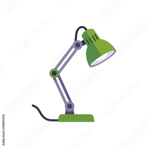 green desk lamp, office lighting, adjustable arm, colorful vector flat style illustration
