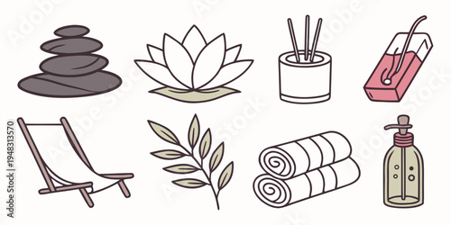 spa and wellness icons including towels and lotus Vector