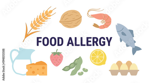Food allergy concept with common allergenic foods illustration
