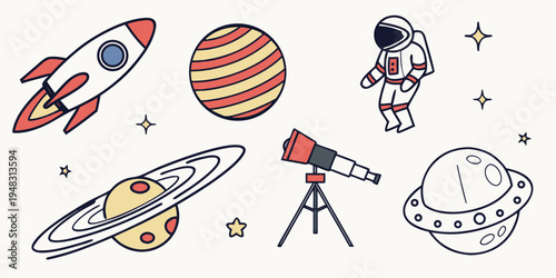 a set of cartoon space objects and a telescope Vector
