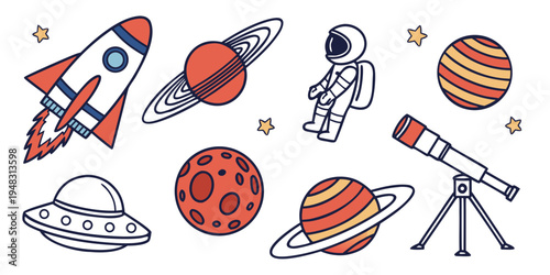 a collection of cartoon space objects and vehicles Vector