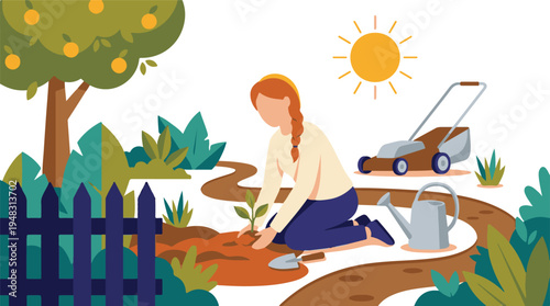 Woman Planting a Small Tree in a Sunny Garden with Gardening Tools