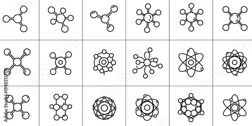 Atom and Molecule Outline Icon Set Vector Illustration with Atomic Structure Chemistry Science Symbols for Physics Laboratory Education and Technology Design