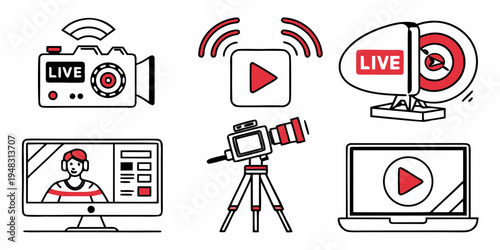 a collection of live streaming icons and video recording devices Vector