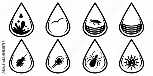eight droplet icons with various microscopic organisms Vector