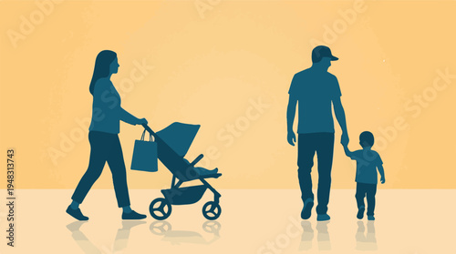 Family silhouettes walking, parents with child and baby stroller